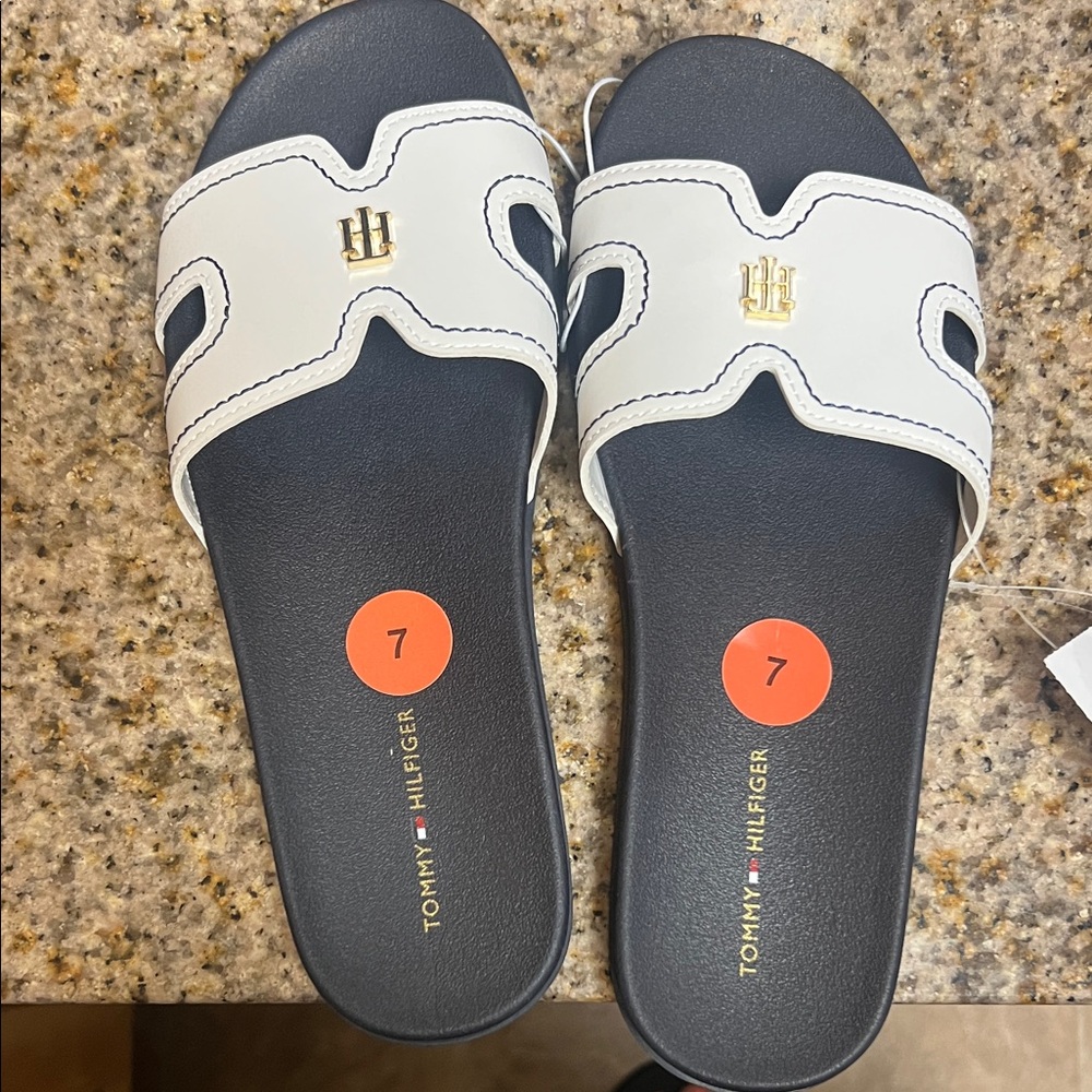 Tommy Hilfiger Black and White Slide Sandals